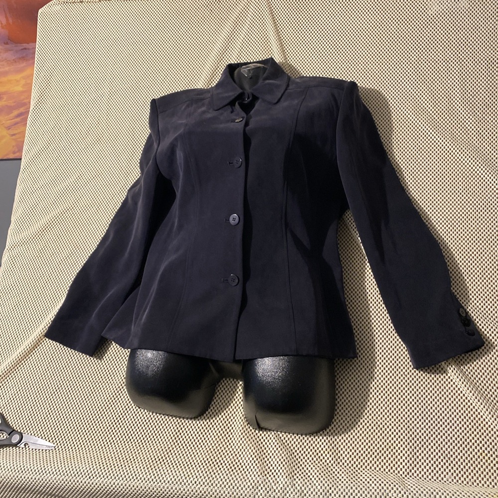 CHAUS VINTAGE NAVY BLACK SILK BUTTON DOWN BLAZER SZ 10 - Picture 5 of 7